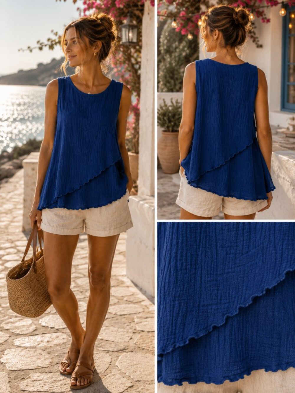 Dunes Vibrant Blue 100% Cotton Crinkle Tiered Top | Size Medium